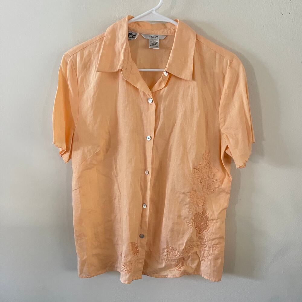 Edward 100% Irish Linen Peach Short Sleeve Embroidered Blouse Top Womens Large L
